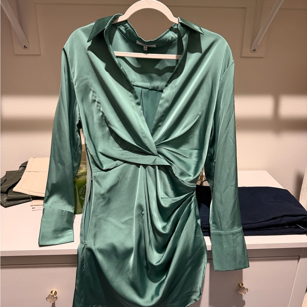Chic Satin Wrap Dress in Emerald